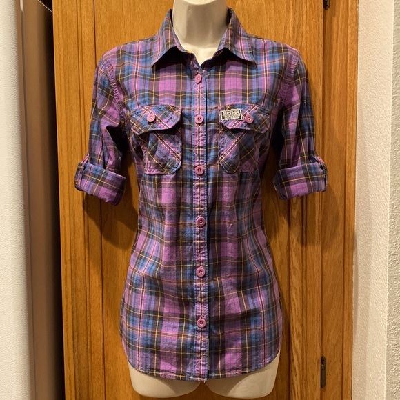 SOLD! SuperDry Co Purple & Blue Plaid Checkered Button Shirt w/Roll-Up Sleeves - Picture 9 of 11